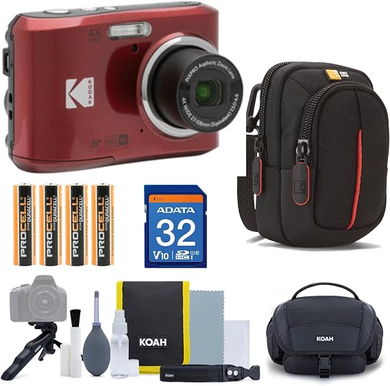 Kodak PIXPRO Friendly Zoom FZ45-WH 16MP Digital Camera Bundle (Red) | 32GB Memory Card, 2.7' LCD Screen, Cleaning Kit, Case, Batteries, (5 items)