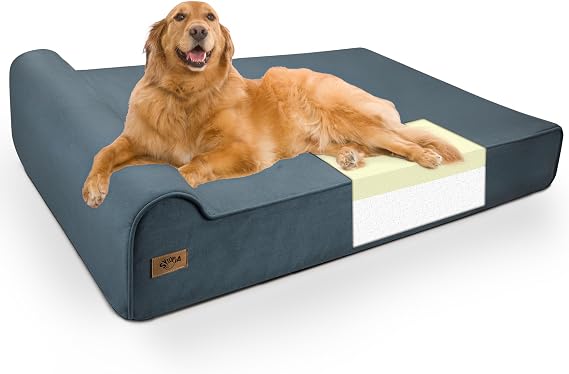 Sytopia XXL 35D Memory Foam Dog Bed for Extra Large Dogs 7" Thick Orthopedic Pet Couch for Seniors and Big Breeds up to 150 Pounds, with Waterproof Liner & Washable Cover, 50"x 34"x 7", Blue Grey