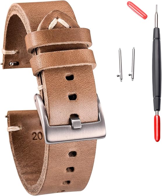 hemsut h Leather Watch Bands, Horween Leather Watch Strap for Men 18 19 20 21 22 24mm Quick Release Handmade Vintage Replacement Wrap