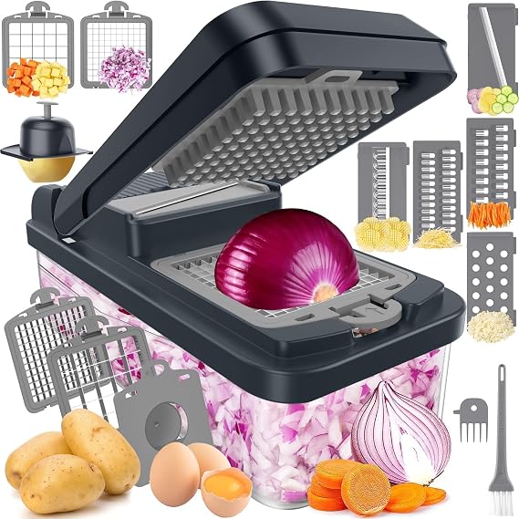 12-in-1 Vegetable Chopper with 7 Blades, Food Veggie Cutter, Mandoline Gray