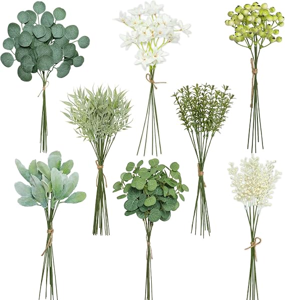 75 Pcs Artificial Greenery Eucalyptus Stems Set, 8 Kinds of Faux Plastic Branches Leaves and Fake Flowers for DIY Wedding Bouquet Floral Arrangement Table Centerpieces Decoration