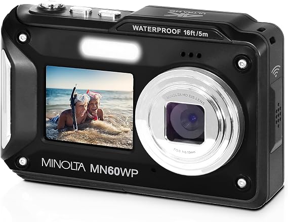 Minolta MN60WP 48MP 4K Waterproof Dual Screen WiFi Digital Camera (Black) | Capture sharp photos and video with intuitive controls for travel, family