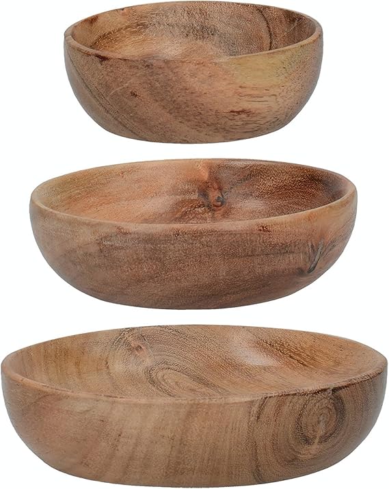 Artesà Wooden Salad Serving Bowls, Food Serving Dishes, Acacia Wood Appetiser Plates, 12.4cm (5''), 10.2cm (4''), and 8cm (3''), Set of 3, Brown