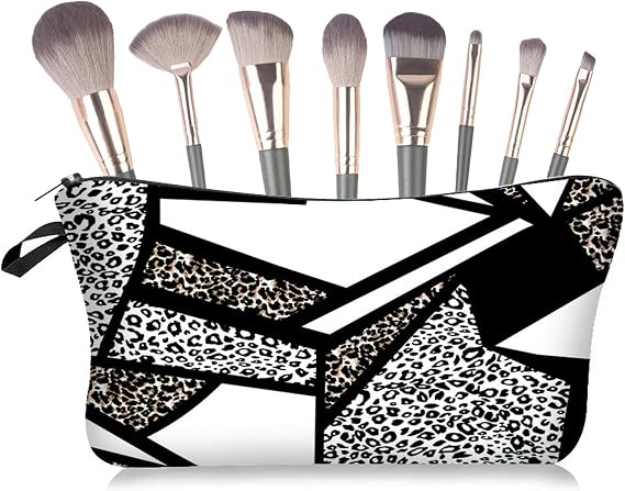 Makeup Bag, Black Leopard Cosmetic Bags with Zipper, Leopard Print Travel Pouch Make Up Bags Toiletry Handbags for Women Girls Cosmetics Eyeshadow Make-Up Brushes Lipstick & Tools
