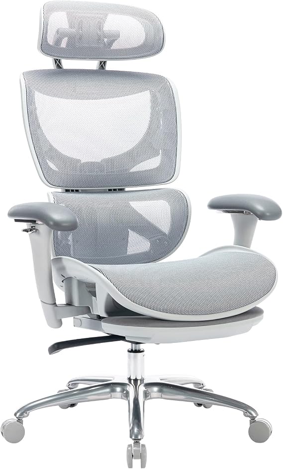 COLAMY Ergonomic Mesh Office Chair, High Back Desk Chair with Footrest, Adjustable Headrest and 3D Arms, Fixed Tilt Lock, Lumbar Support, Breathable Mesh Computer Chair for Home Office,Grey
