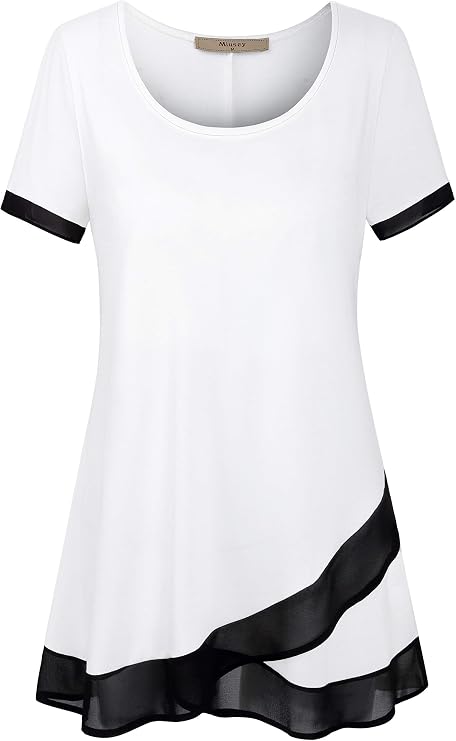 Miusey Womens Short Sleeve Tunic Tops Scoop Neck Asymmetrical Hem Tunics Chiffon Patchwork Flowy Tunic Shirts for Leggings