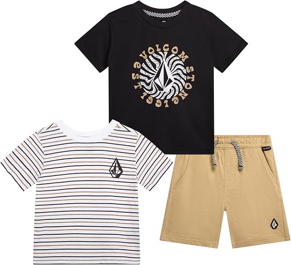 Volcom Baby Boys 3-Piece Graphic Tees & Pull-On Shorts Set for Active Play | Soft Breathable Fabric, Fun Prints, Easy Elastic Waistband, Comfy Coordinated Outfits for Toddler Everyday Play