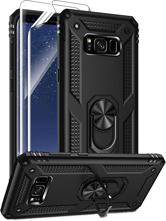 Androgate for Samsung Galaxy S8 Plus Case with HD Screen Protectors, Military-Grade Metal Ring Holder Kickstand 15ft Drop Tested Shockproof Cover Case for Samsung Galaxy S8+ (2017) Black