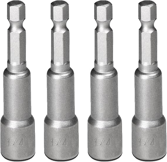 Professional Magnetic Nut Setter Bit Set 1/4" Hex Shank to 1/4" Socket 65mm Length Power Drill Driver Bits for Screwdriving & Fastening 4 Pcs