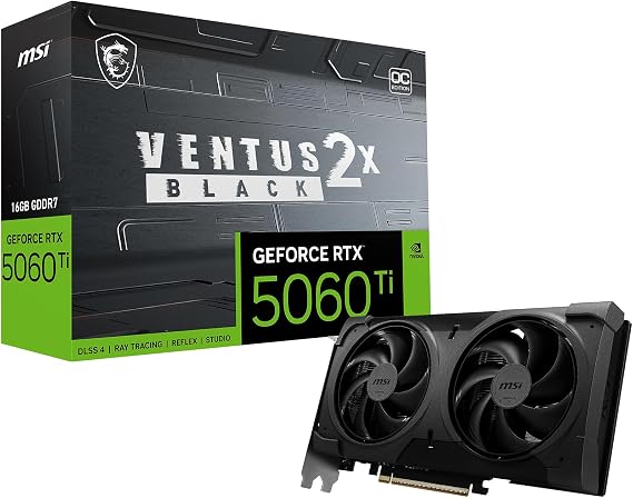 msi Gaming RTX 5060 Ti 16G Ventus 2X OC Black Plus Graphics Card (16GB GDDR7, 128-bit, Extreme Performance: 2617 MHz, DisplayPort x 3 2.1a, HDMI 2.1b, NVIDIA Blackwell Architecture)