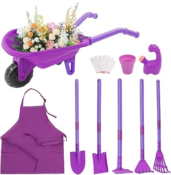 Kids Wheelbarrow with Garden Tool Set, 10 Pcs Outdoor Garden Kit for Toddlers & Children Ages 3+, Includes Wheelbarrow, Watering Can, Gloves, Apron Children's Gardening Tool Set (Purple)