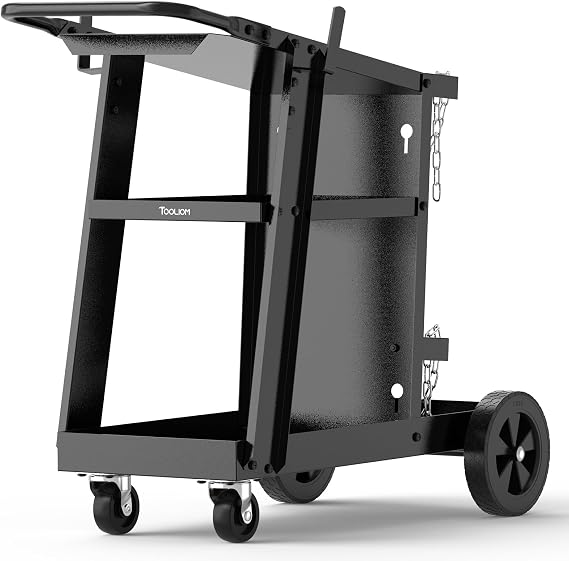 TOOLIOM 3-Tier Welding Cart with Tilted Top, 260 lb Capacity | Organized tool storage, two retaining chains, room for shop essentials, easy positioning around the shop