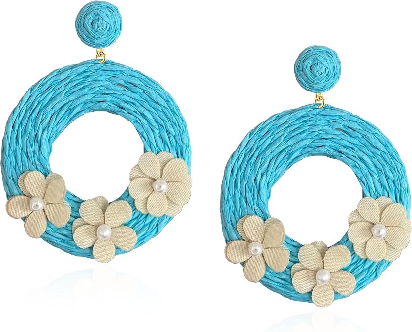 Round Circle Statement Raffia Earrings Boho Rattan Dangle Lightweight Straw Wrap Summer Drop Dangling Earrings for Women
