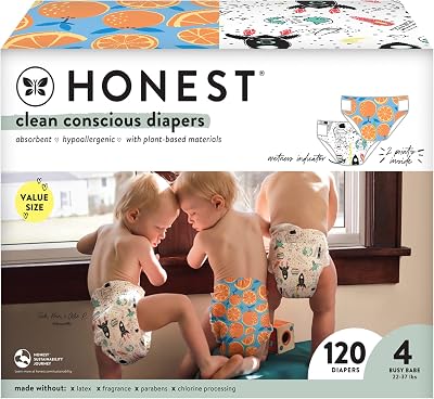The Honest Company Comfort Dry Disposable Diapers Plant-Based Sustainable Space Travel and Orange You Cute Super Club Box Size 4 22-37 lbs 120 Count
