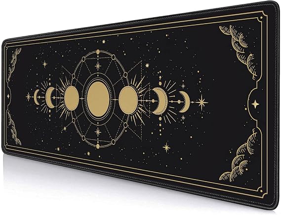 Moon Phases Large Mouse Pad, Celestial Moon Cycle Lunar Chart in Black and Gold Desk Pad, Stars in Space Horoscope Desk Mat, Mystical Astronomy Mouse Pads for Gamer Home&Office, 31.5x11.8 In