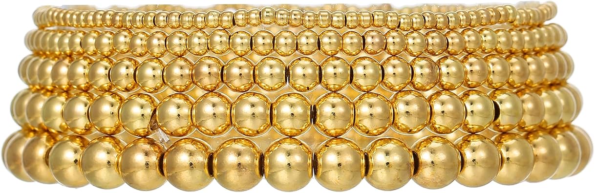 Gold Bracelets for Women 14K Gold Plated Beaded Non Tarnish Bracelets Stretch Bead Ball Bracelet Stack Set Jewelry for Gifts