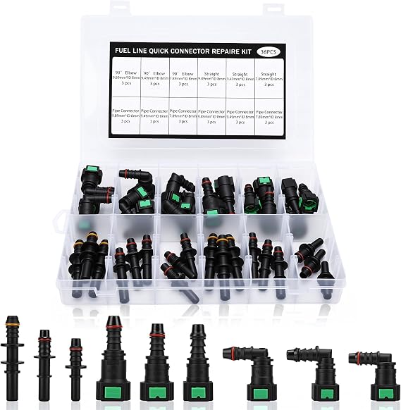 36 PCS Fuel Line Quick Connector Set SAE 9.89mm 9.49mm 7.89mm 6.3mm Fuel Hose Fittings Straight & Elbow Adapters Kit for Automotive Motorcycle Marine Equipment ID8mm ID6mm ID3mm (9 Sizes)
