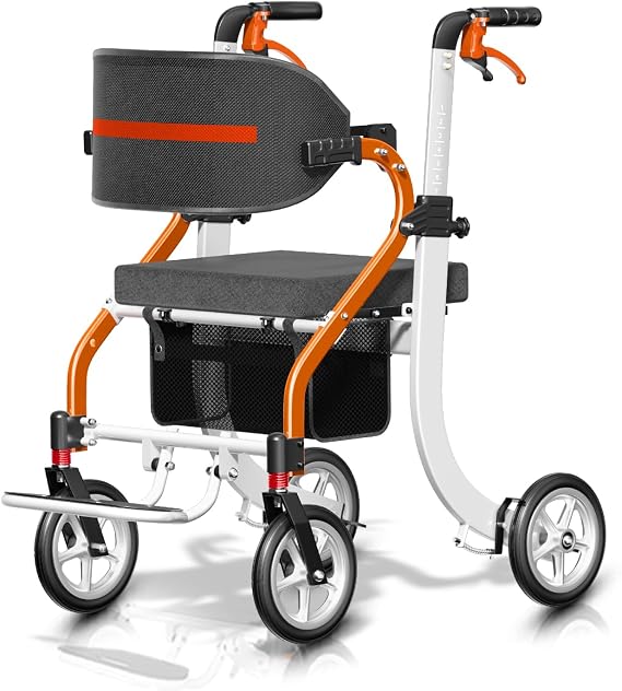 Nihhcune 4 in 1 Rollator Walker Transport Wheelchair Combo - No Assembly | 20lb Lightweight Mobility Rolling Walker with Seat for Seniors, Foldable Travel Chair, 8" All-Terrain Wheels, Supports 300lbs