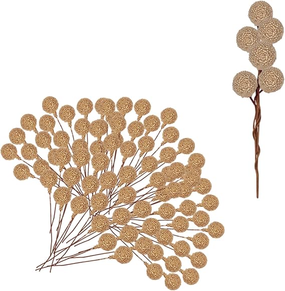 Mienocol 100pcs Christmas Artificial Frosted Fruit Berry, 1.4cm Gold Twig Stem Fruits Picks for Winter Wreath Making, Xmas Tree Decorations Supplies