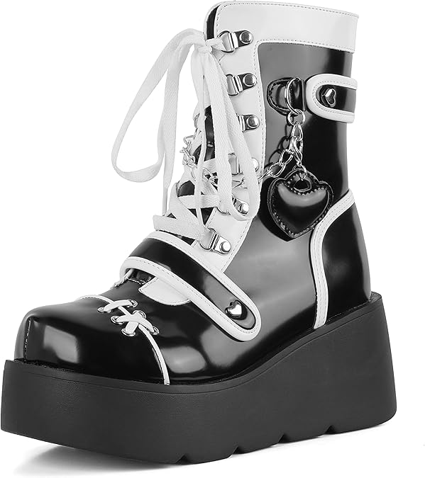 CELNEPHO Women Goth Platform Ankle Boots Lace Up Punk Combat Rave Booties | 2.75 wedge platform, black white contrast trim, goth punk aesthetic, heart chain decor, lace up buckle closure, rave outfits
