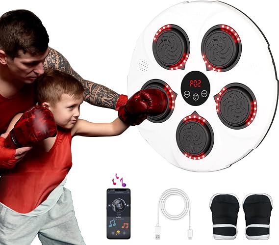 Music Boxing Machine with Boxing Gloves, Wall Mounted Smart Bluetooth Music Boxing Trainer, Electronic Boxing Target Workout Punching Equipment for Home, Indoor and Gym(Black/White