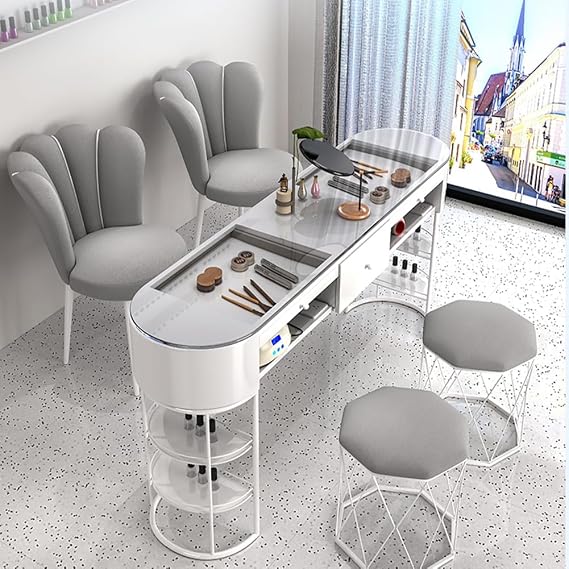 Manicure Table Nail Desk, Modern Nail Tech Desk Station, Professional Nail Beauty Spa Salon Workstation, Makeup Table Nail Tech Desk, Glass Top/Wood Table Top,D