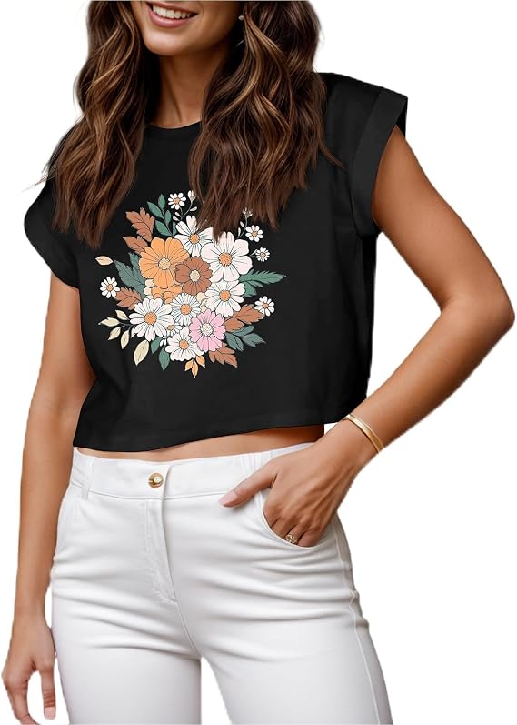 JINKESI Womens Summer Crewneck Crop Tops Causal T-Shirts Rolled Short Sleeve Basic Tees