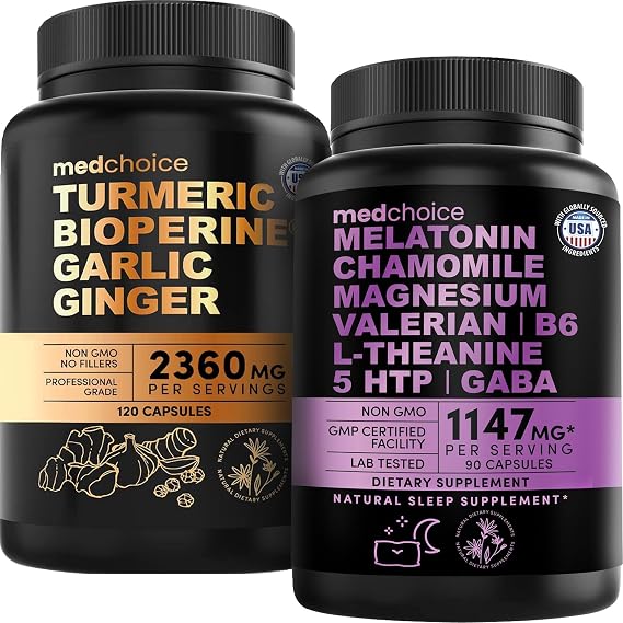 10-in-1 Sleep Melatonin 6mg Capsules (90ct) - Melatonin for Adults with L-Theanine, 5HTP, GABA, Magnesium - 4-in-1 Turmeric Curcumin with Bioperine 2360mg (120ct) - 95% Curcuminoids with Black Pepper