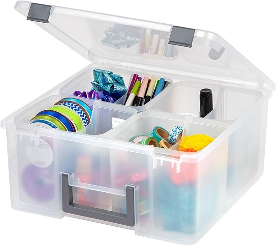 Iris Ohyama, Portable Plastic Storage Compartment Box with Handle, 25L, Clear, Snap-Tight Latch, 4 Removable Inner Cups and 4 Dividers, For Craft Supplies, Hobby, Art, Organizer, Box, BPA Free, DCB-4