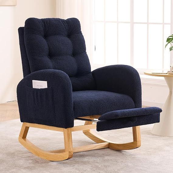 Rocking Chair with Foot Rest for Nursery Room, Teddy Upholstered Rocker Glider Chair with Side Pocket,Solid Wood Legs, High Backrest (Navy Blue)