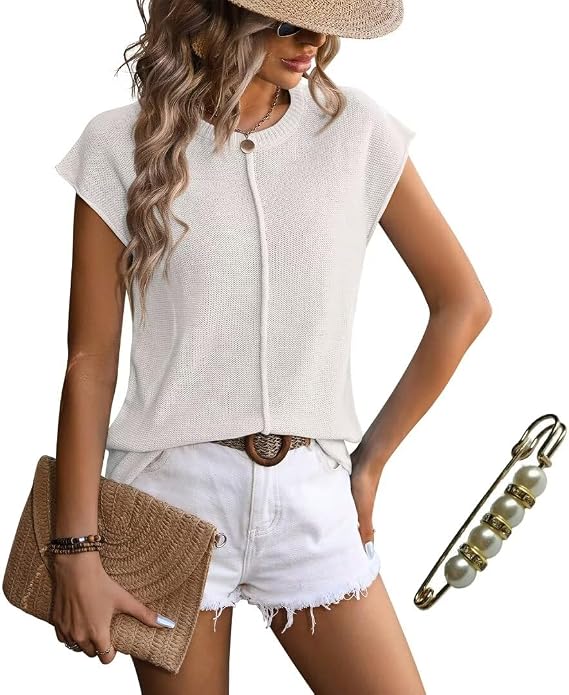 Womens Tops Cap Sleeve Tops for Women Sleeveless Sweater Vest Top Spring Tops for Women 2024 White, X-Large