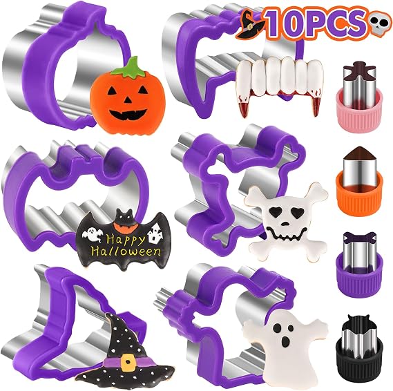 NPET Halloween Cookie Cutters for Kids Lunch 10Pcs, DIY Uncrustable Halloween Kids Lunch Cookie Cutters Peanut Butter & Jelly Cookie Cutter Gifts Press Boys Girls Purple