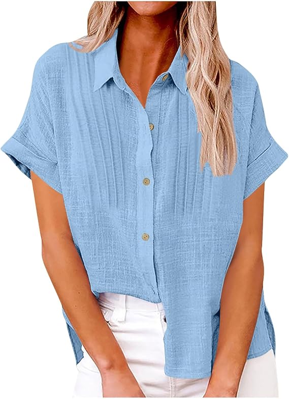 Cotton Linen Shirts for Women Trendy Pleated Short Sleeve Button Down Tops Collared Summer Business Casual Work Tops