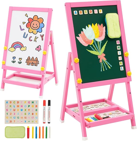 Kids Art Easel, Double Sided Easel Whiteboard Blackboard, Foldale, Pink | Mini Wood Easel for Girls, Drawing Board with Letters and Numbers, 12.2"L, 21.6–25.6"H