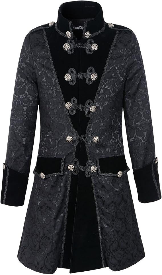Mens Black Gothic Brocade Jacket Frock Coat Steampunk VTG Victorian