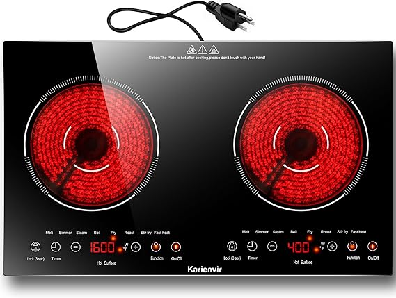 2 Burner Electric Cooktop 110V, 2000W, 24" Countertop & Built-in | 22.4" x 12.6" Built in Size, 8 Cooking Modes, Touch Control Safety Lock, Timer, Portable Stove with Plug, Auto Shut-off