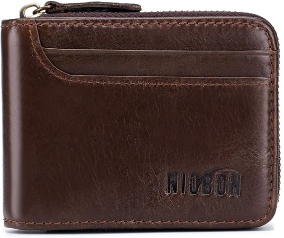 Men Genuine Leather Wallet Zipper RFID Blocking Bifold Wallets for Men