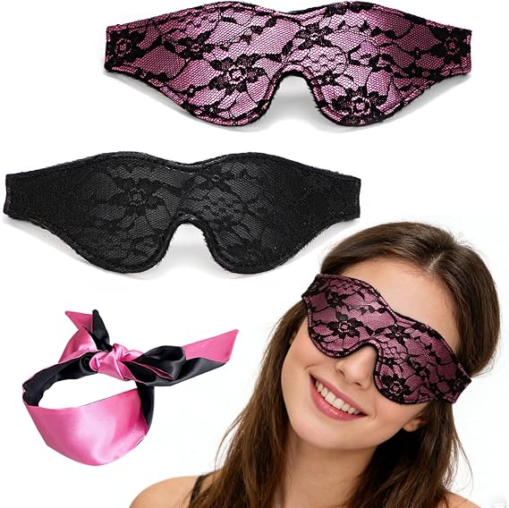 Blindfold for Adults Play Hand Tie Set, 3 Pcs Silk Satin Eye Mask for Sleeping Games, Sexy Lace Eyes Cover for Women for Valentine's Day Gift