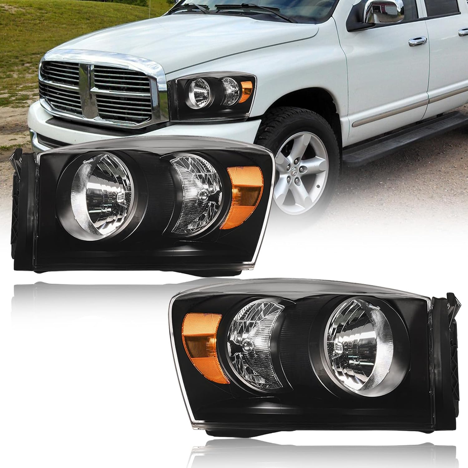 for 2006-2008 Dodge Ram 1500 2500 3500 Headlights Assembly Compatible 2007 2009 with Halogen Headlamps Amber Reflector Black Housing