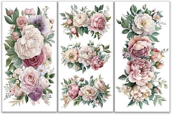 OLYCRAFT 3pcs/Set Blooming Flower Rub on Transfers for Furniture and Crafts 6x12 inch Rose Peonies Furniture Decals Floral Transfer Stickers Rub on Decals for Wood Window Home Decor