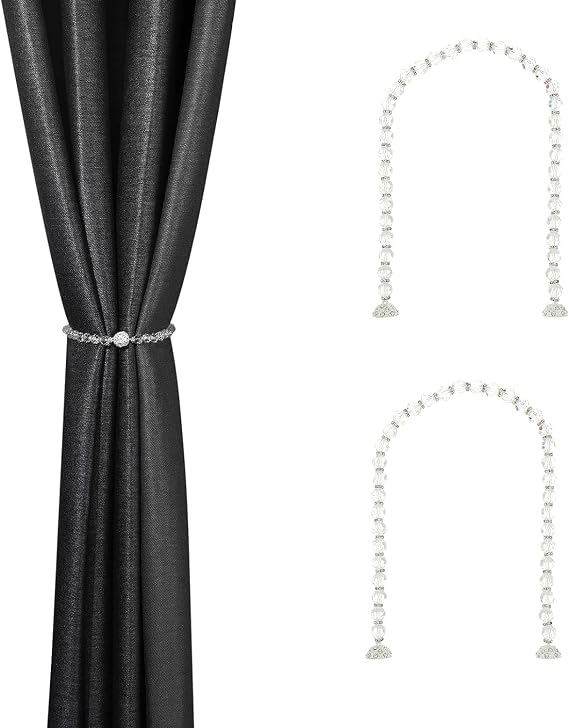 SUQ I OME 2 Pack of Crystal Pearl Beaded Curtain tiebacks Magnetic Curtain Tiebacks Holdbacks Curtain Clips Curatin Holder Blingbling Curtain Holdbacks for Drapes (Crystal White 35cm) | blingbling beaded curtain tiebacks
