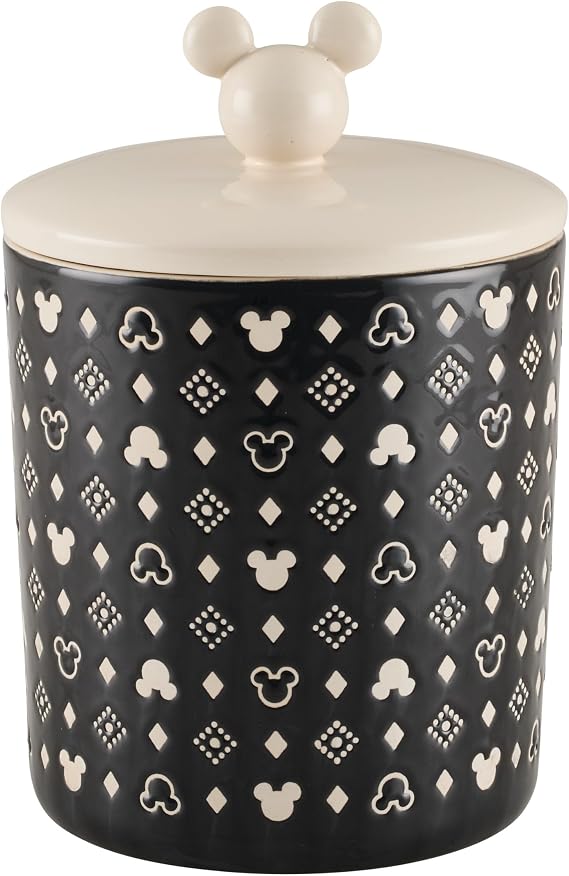 Disney Home Monochrome Extra Large Ceramic Canister/Food Storage Container/Cookie Jar, Airtight Lid, 12.8 Cup with a Mickey-shaped knob Lid - Black