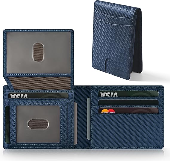 GNDR Wallet For Men RFID Blocking Leather Blue Wallets Bifold Carbon Fiber Front Pocket Card Holder Mens Accessories With Gift Box