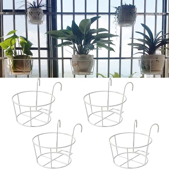 4 Pack Round Hanging Railing Planters, Flower Pot Holders Metal Pot Plant Basket, Shelf containers for Indoor and Outdoor use (White)