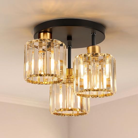 Ceiling Light 3 Lights, Black and Gold Light Shade Crystal Light Fitting, Semi Flush Modern Chandelier Lampshade, E27 Lighting Fixture for Living Room Bedroom Hallway Kitchen Dining Room [Energy Class E]