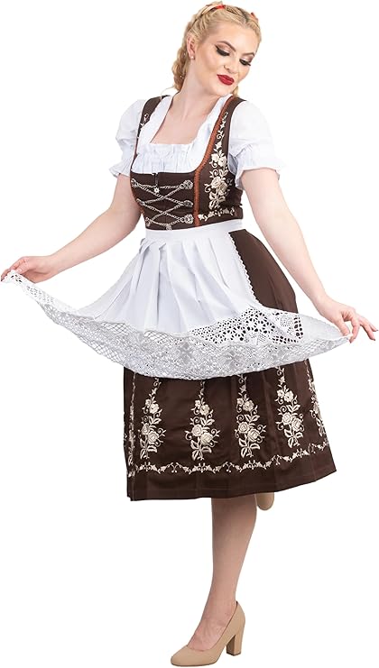 Dirndl Trachten Haus Women's German Dirndl Dress, Brown | Mid-Calf, Oktoberfest Outfit