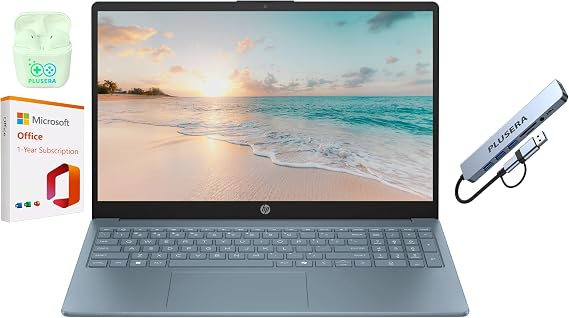 HP 15.6" LED Laptop Computer, 32GB RAM 640GB Storage (128GB UFS+512GB Docking Set), Quad-Cores Intel Pentium, Windows 11 S with 1-Year Microsoft Office 365 Included, PLUSERA Earphones, Moonlight Blue