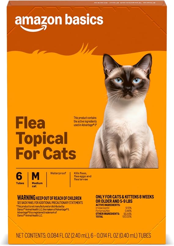 Amazon Basics Preventative Topical Flea Treatment and Control for Medium Cats (5-9 Pounds), Fast-Acting, Kills Fleas, Prevents Infestations, 6-Count