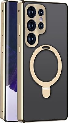 Safety Lock Galaxy S23 Ultra Case Magnetic Adsorption Aluminum Bumper Double Sided Case Tempered GlassPC Back Cover with Lens Protector and Metal Bracket for Galaxy S23 Ultra 6.8 inch 2023 Gold