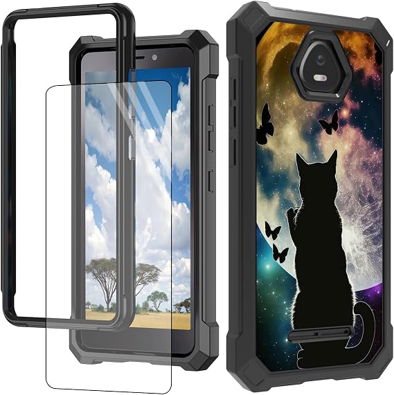 for Schock Volt SV55 Phone Case with Screen Protector Hard PC + Soft TPU Shock Proof Protective Phone Case for Schock Volt SV55 SV55216 5.5 inch 2022 - Cute Cat and Butterfly Moon